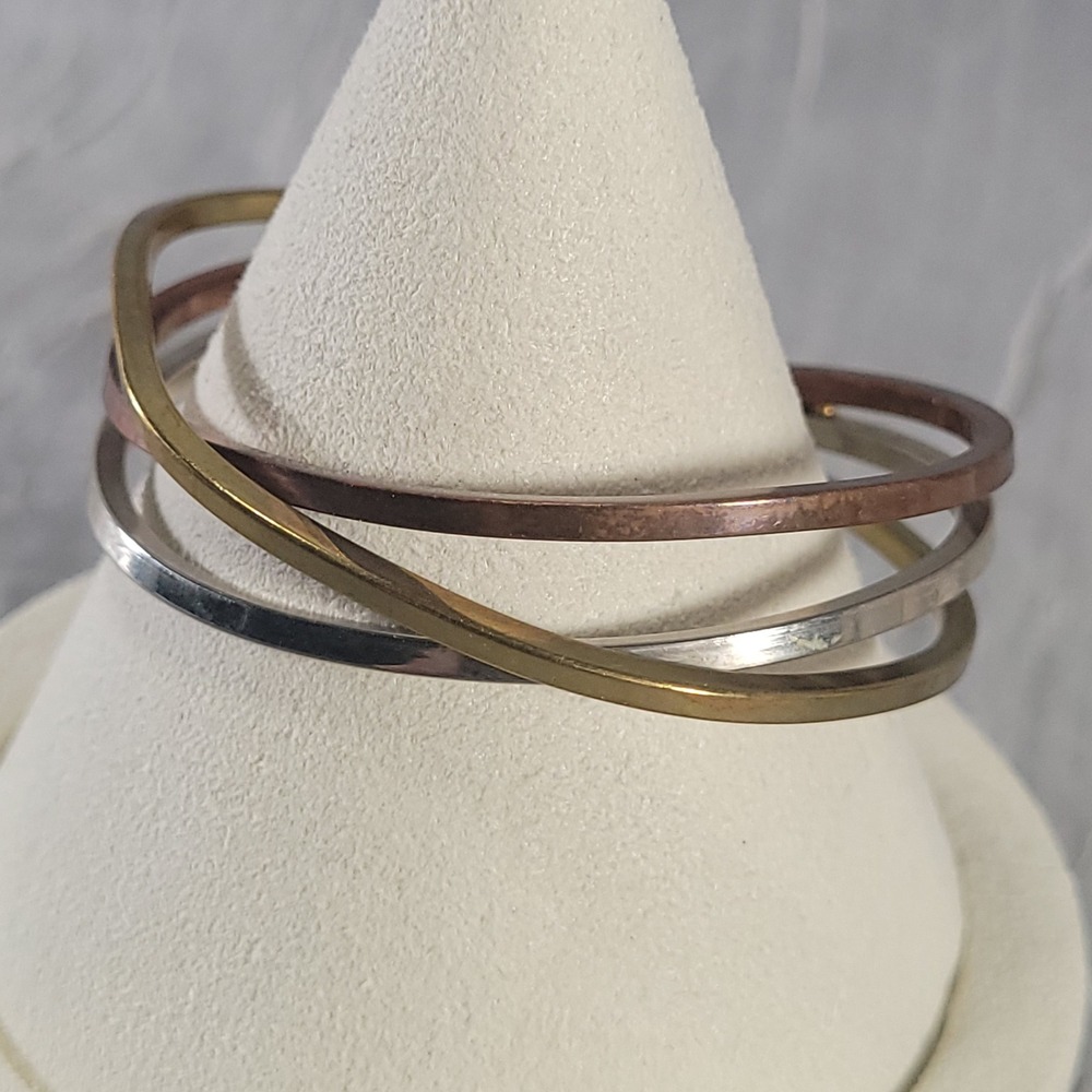 Tri-Tone Cuff Bracelet Multicolor Mixed Metal Intertwined Triple Band Jewelry